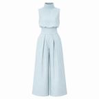 Light blue sleeveless high-neck cotton-blend jumpsuit with wide-leg full length