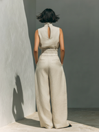 Khaki women's cotton jumpsuit, open back keyhole and wide-leg pants
