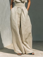 Khaki women's cotton jumpsuit with pleated waist, flowy wide legs