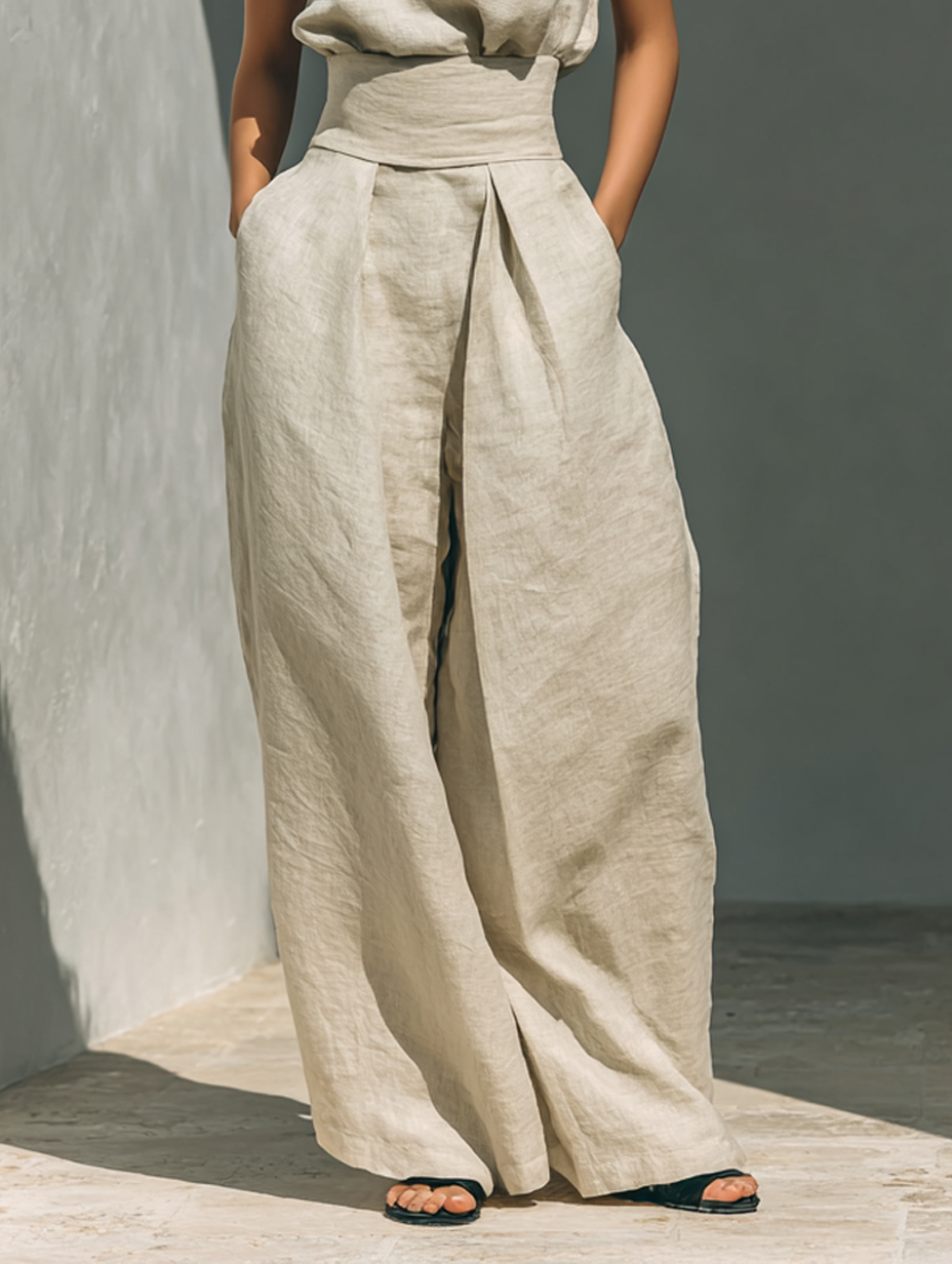 Khaki women's cotton jumpsuit with pleated waist, flowy wide legs