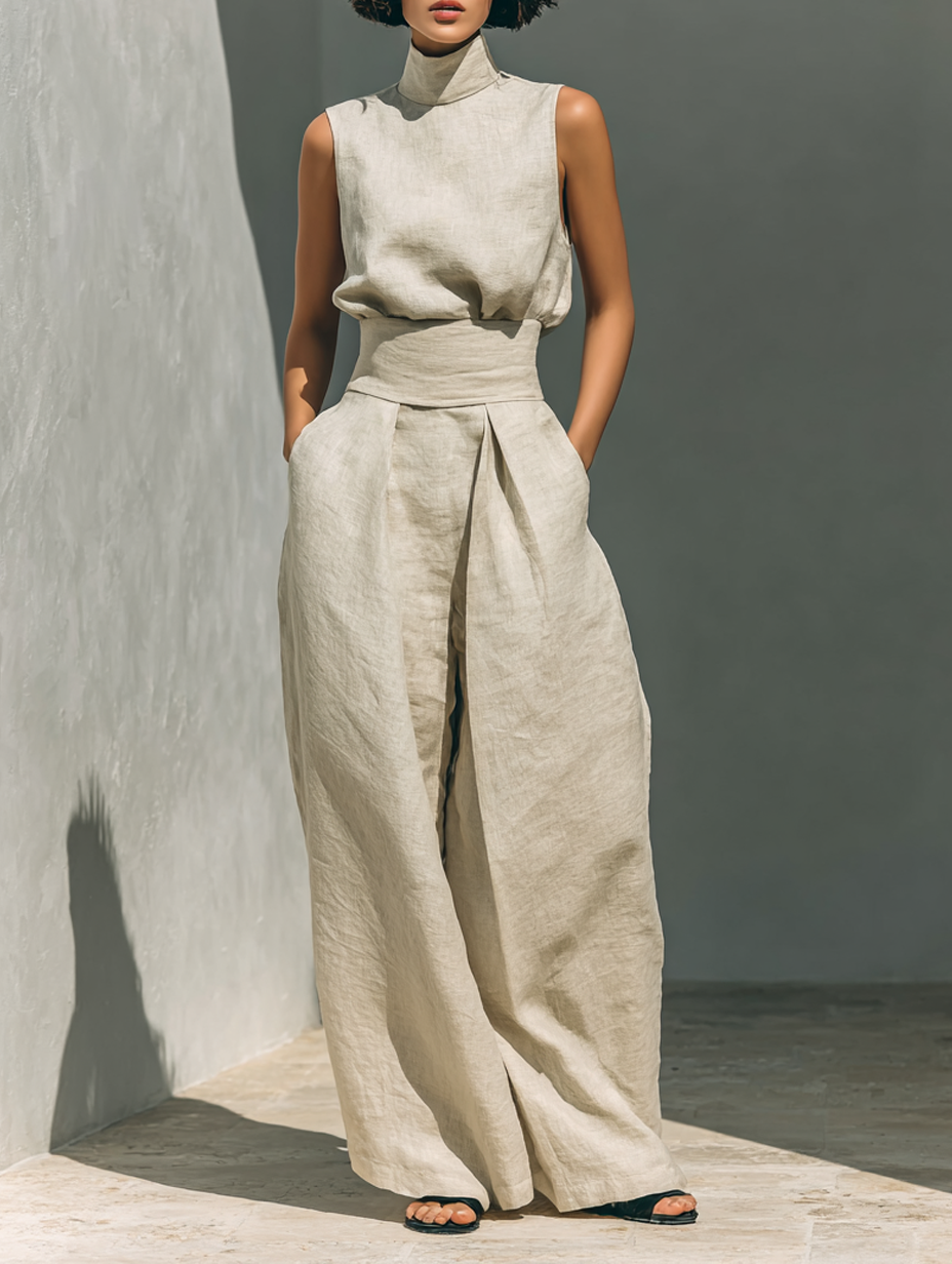 Khaki women's cotton jumpsuit with sleeveless high neck and draped waist tie