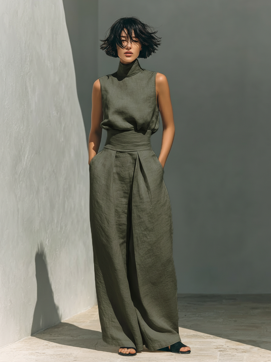 Military green women's cotton sleeveless jumpsuit with tied waist and wide legs