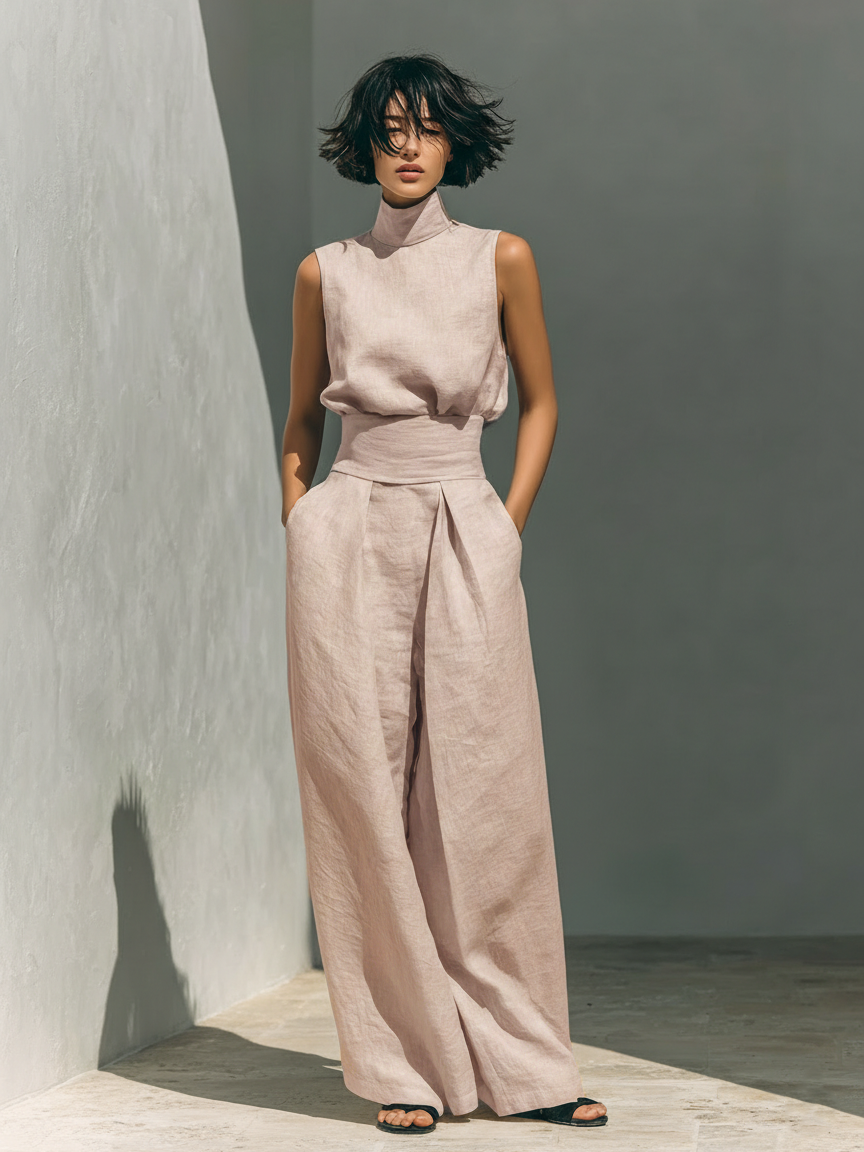 Light pink women's cotton sleeveless jumpsuit with high neck and tied waist
