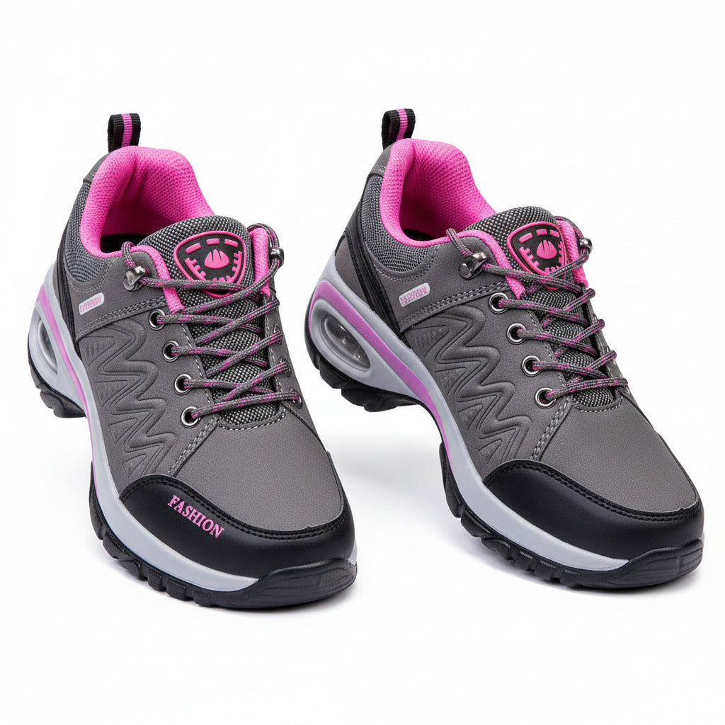 Women's lace-up hiking shoes, gray with pink laces and black tread sole