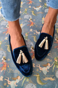 Women's blue velvet loafers with tassel detail in champagne, slip-on style