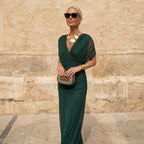 Women’s off-shoulder pleated maxi dress in dark green, draped V neckline