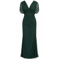 Dark green off-shoulder pleated maxi dress with ruched draped V neckline