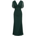Dark green off-shoulder pleated maxi dress with ruched draped V neckline