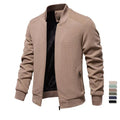 Men's khaki zip-up bomber jacket with stand collar and ribbed cuffs