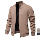 Men's khaki zip-up bomber jacket with stand collar and ribbed cuffs