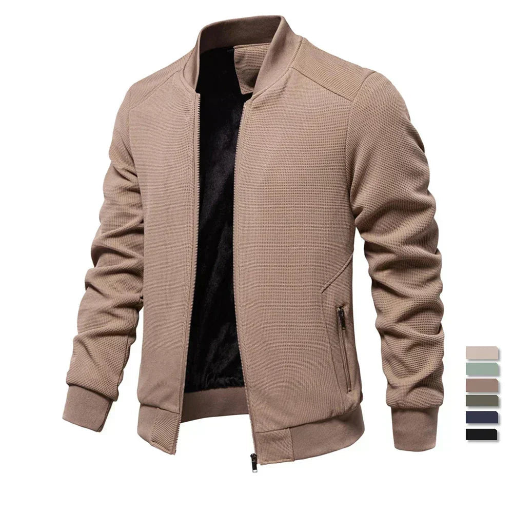 Men's khaki zip-up bomber jacket with stand collar and ribbed cuffs