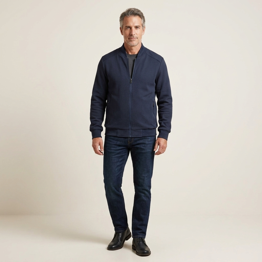 Men's navy windproof jacket with full zip, stand collar, and side pockets