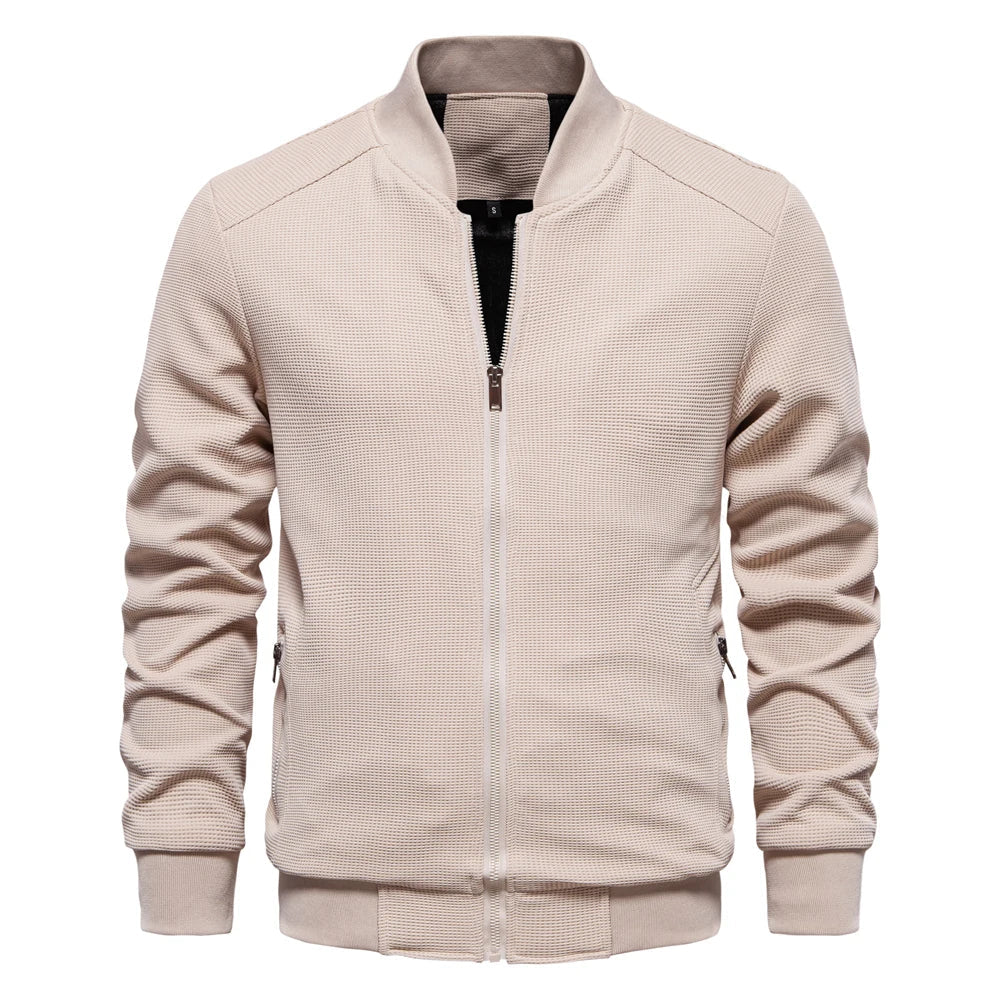 Men's light apricot zip-up bomber jacket with stand collar and ribbed cuffs
