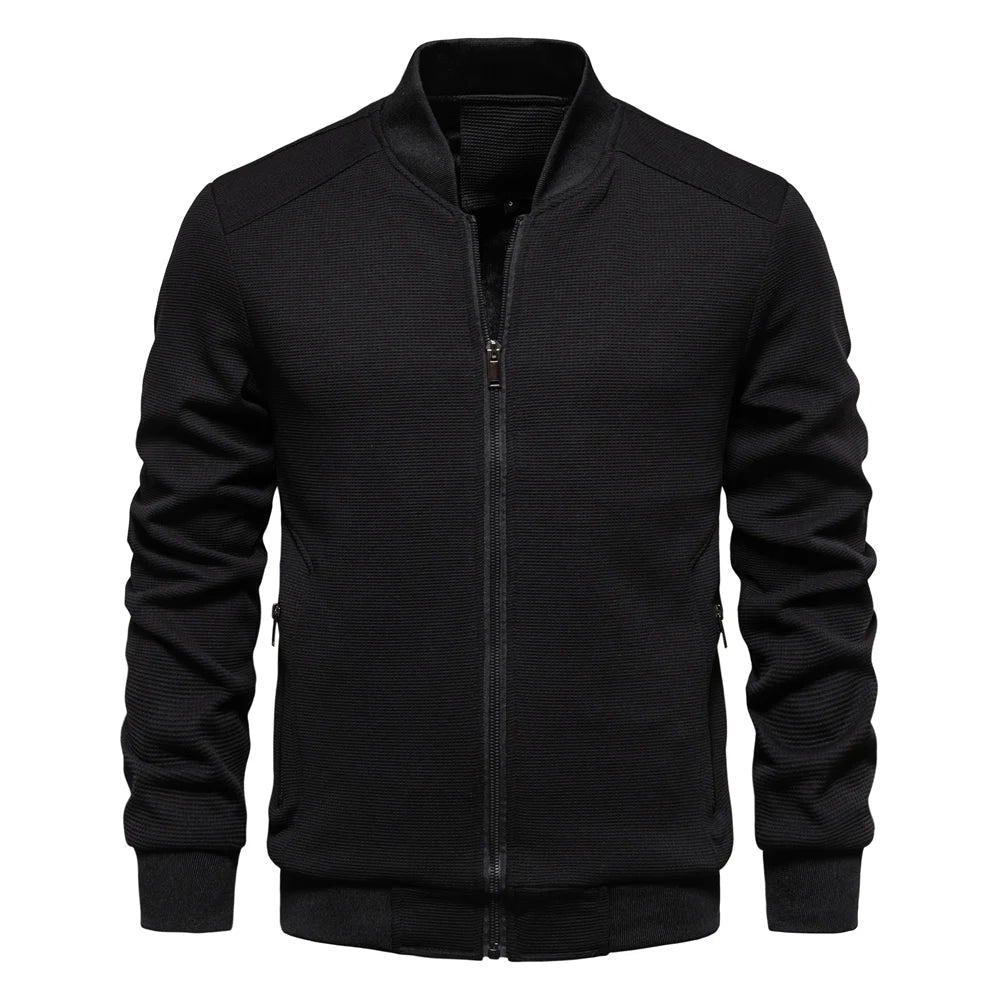Men's black zip-up bomber jacket with stand collar, ribbed cuffs, and zip front