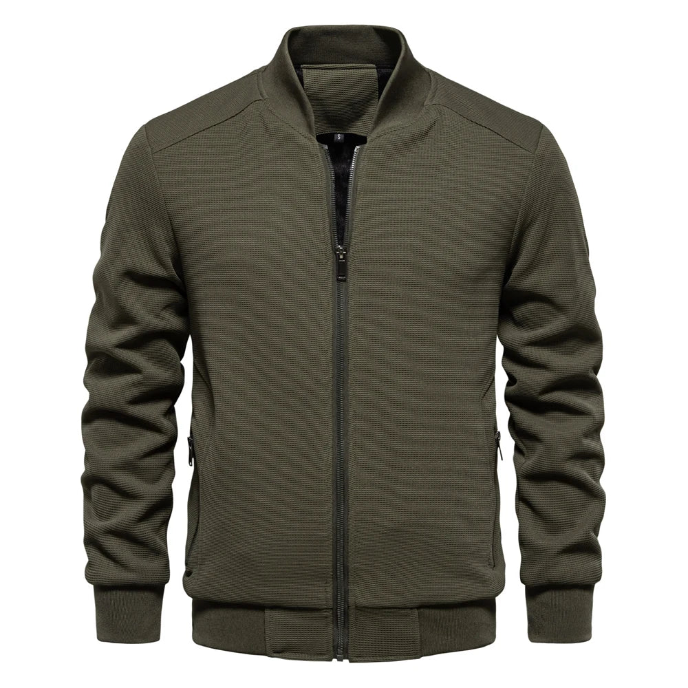 Men's olive green zip-up bomber jacket with stand collar and ribbed cuffs