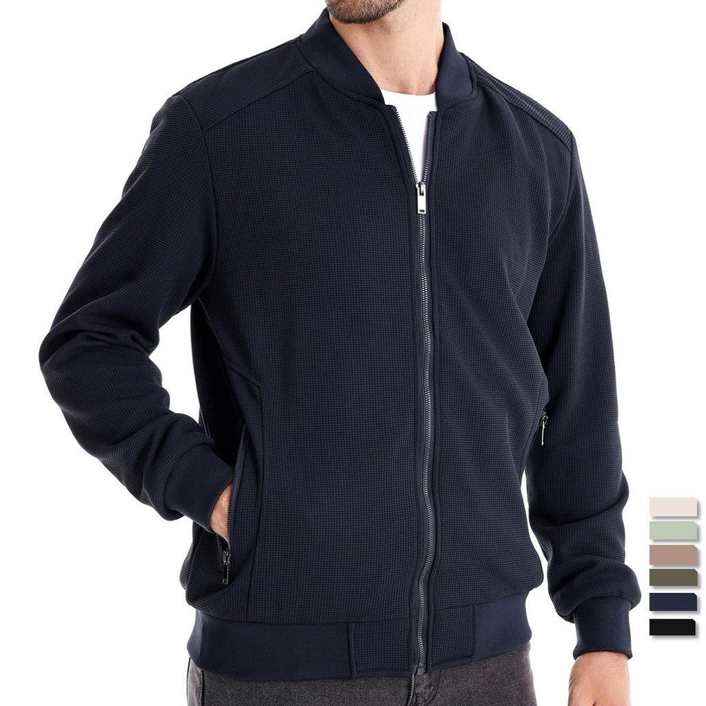 Men's navy zip-up bomber jacket with side zip pocket details and ribbed cuffs