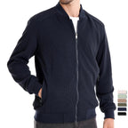 Men's navy zip-up bomber jacket with side zip pocket details and ribbed cuffs