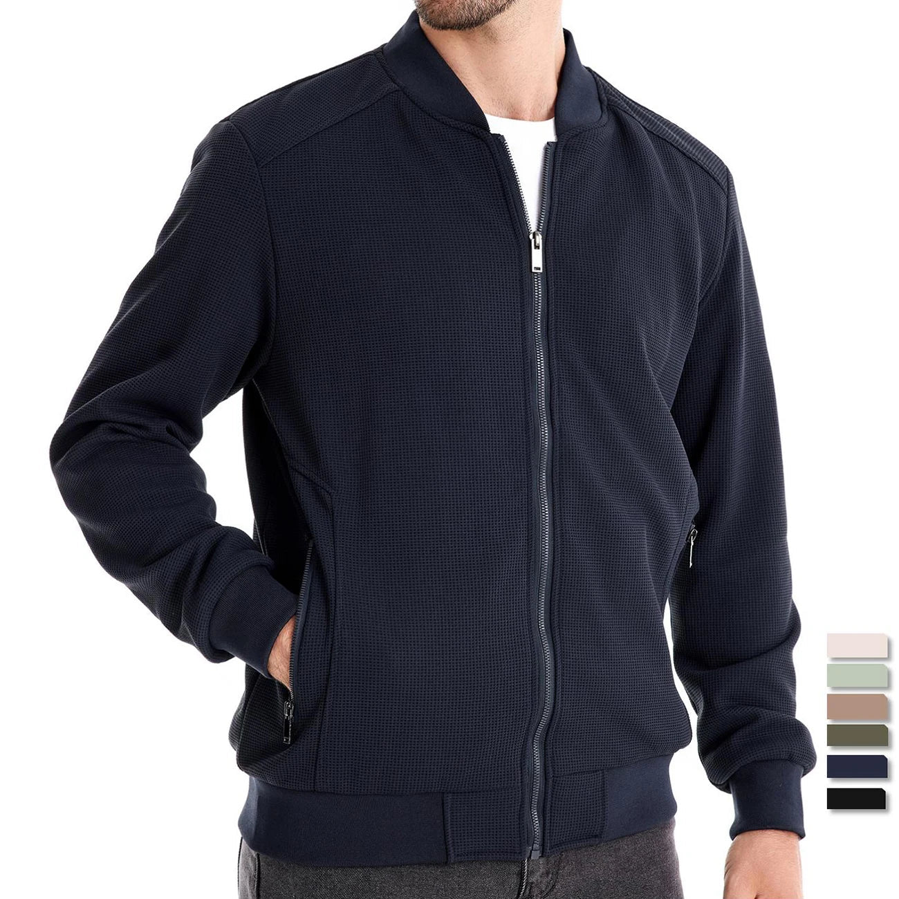 Men's navy zip-up bomber jacket with side zip pocket details and ribbed cuffs