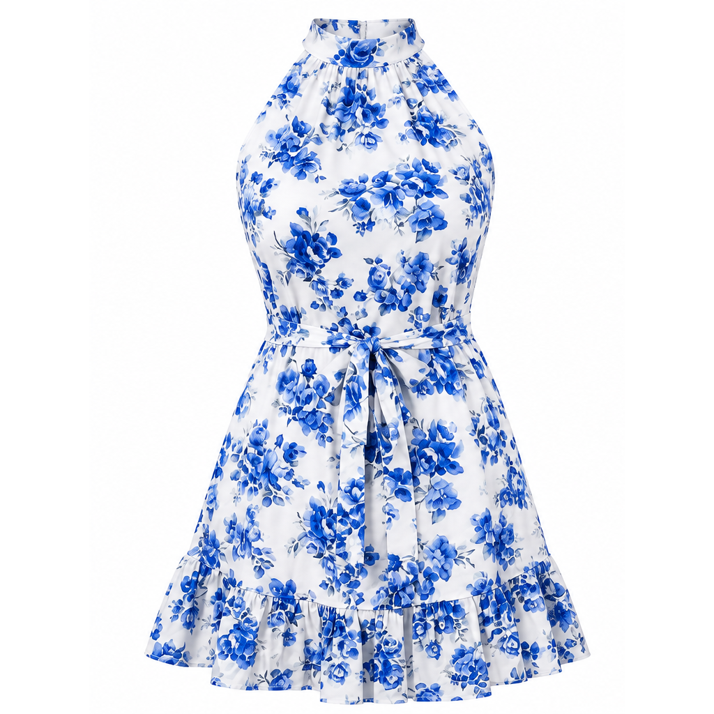 Floral halter-neck ruffle-hem knee-length flared dress, blue on white