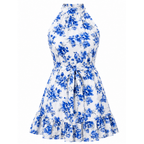 Floral halter-neck ruffle-hem knee-length flared dress, blue on white