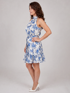 Blue-and-white floral halter-neck fit-and-flare knee-length dress with ruffle hem