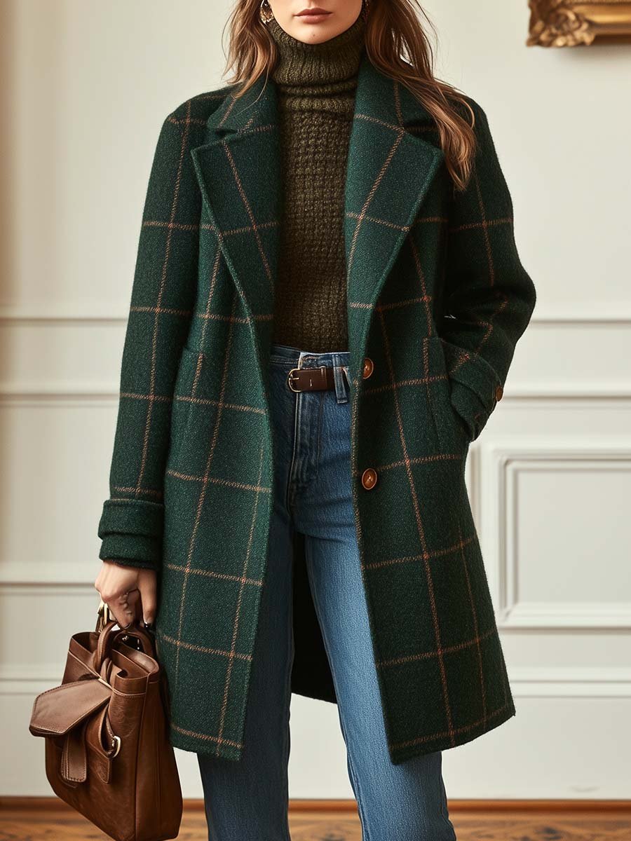 Dark green checked coat with button front, notched lapels, and long sleeves