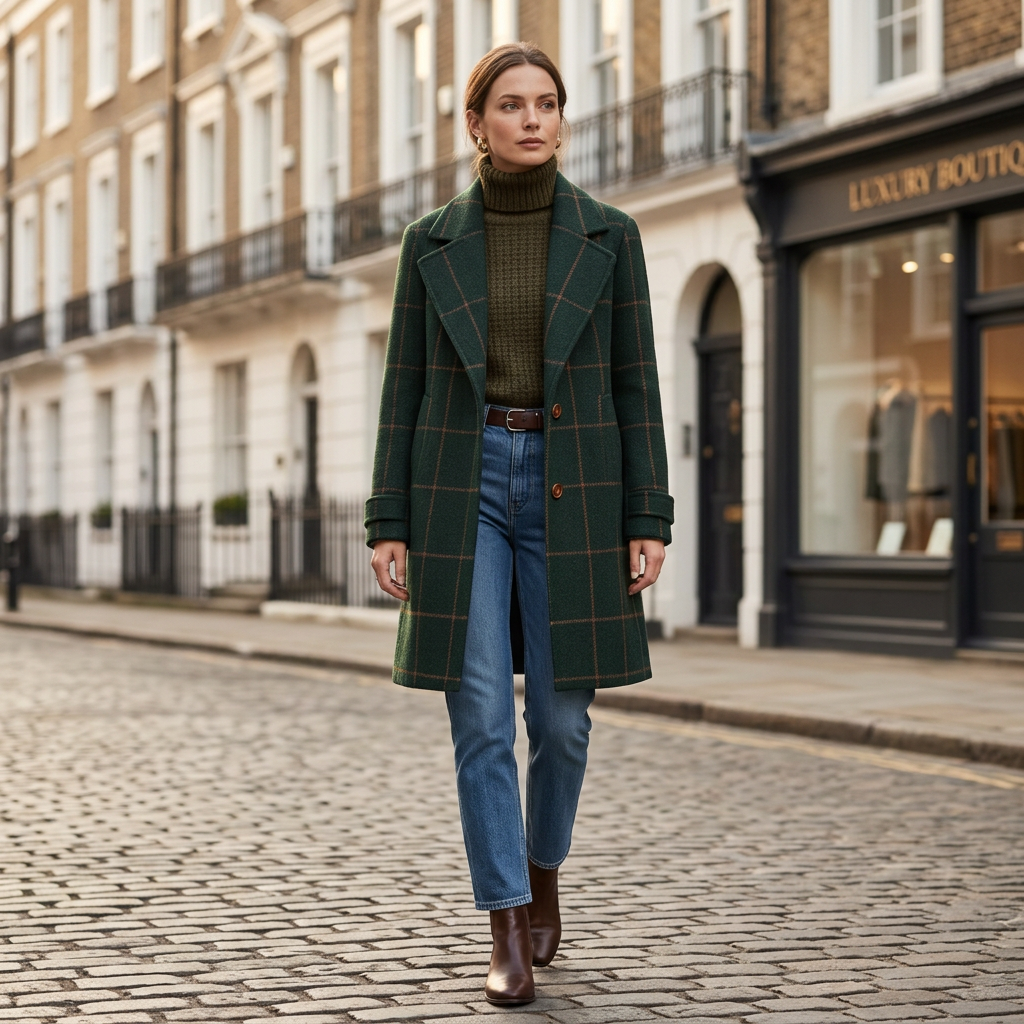 Women's green checked wool-blend coat, lapel collar, button front, straight tailored fit.