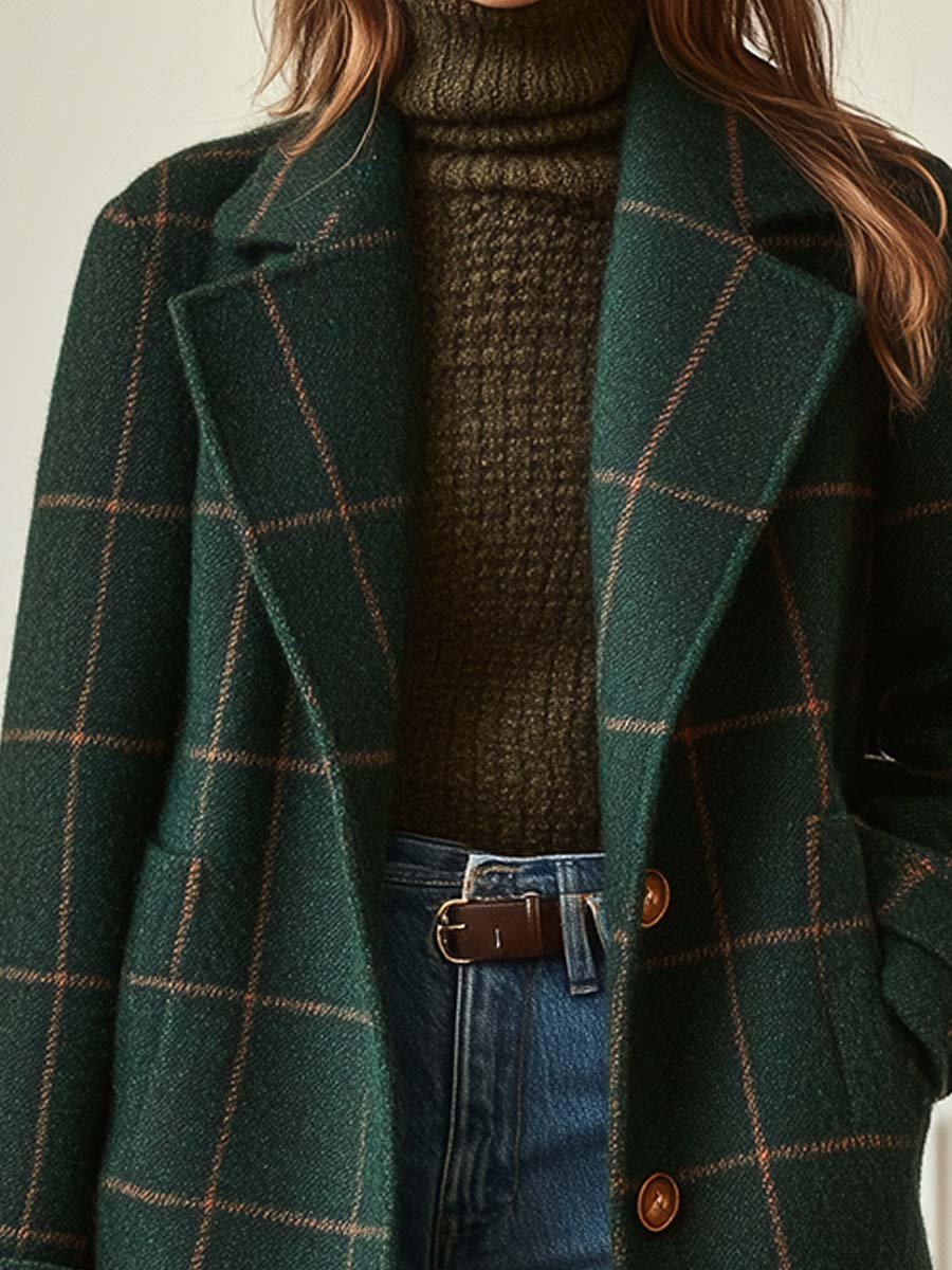 Dark green plaid coat detail with lapels and brown button front, long sleeves