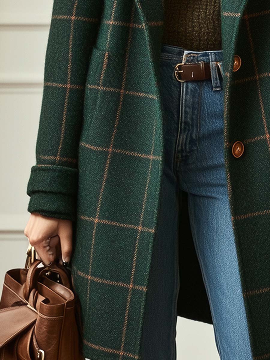 Dark green checked long coat with brown buttons and ribbed cuffs