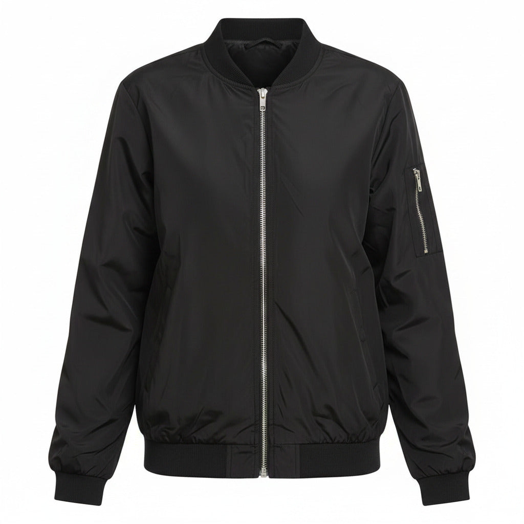 Lightweight ribbed bomber jacket in black, front zipper and ribbed collar/cuffs