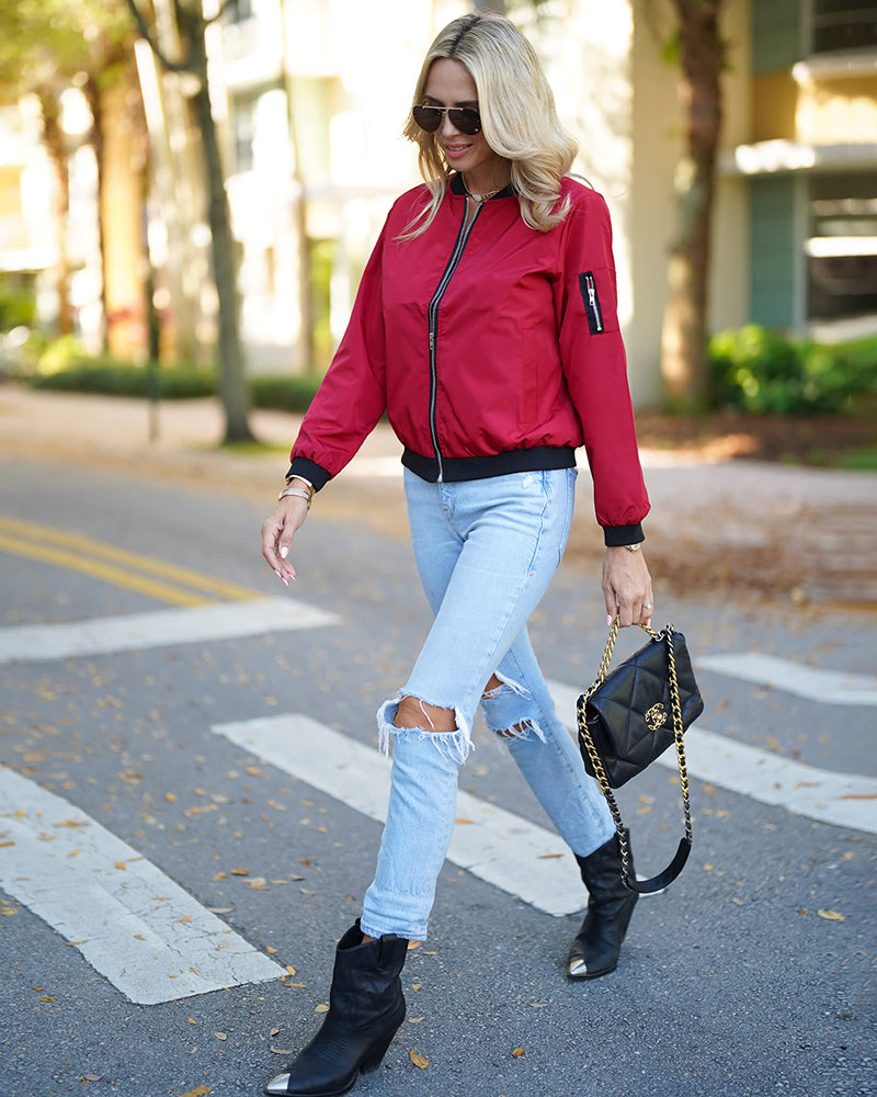 Lightweight ribbed bomber jacket in wine red with zip front and stand collar