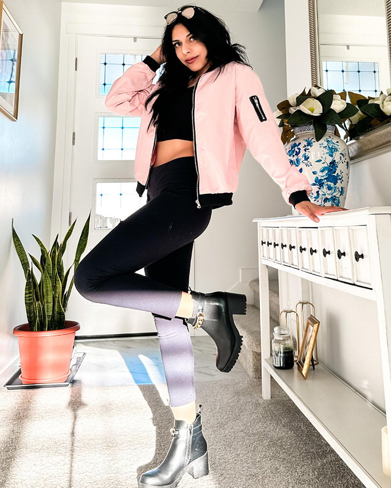Lightweight ribbed bomber jacket in pink, zipped front and ribbed cuffs