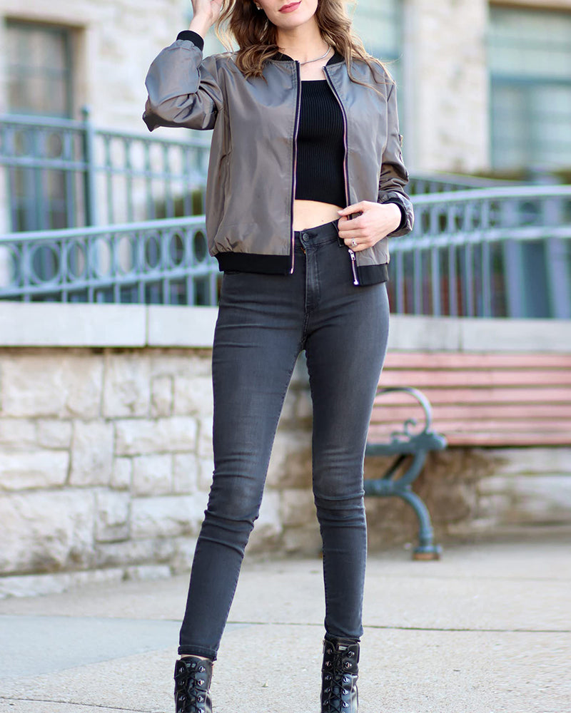 Lightweight bomber jacket in gray with zip front, ribbed cuffs, two side pockets