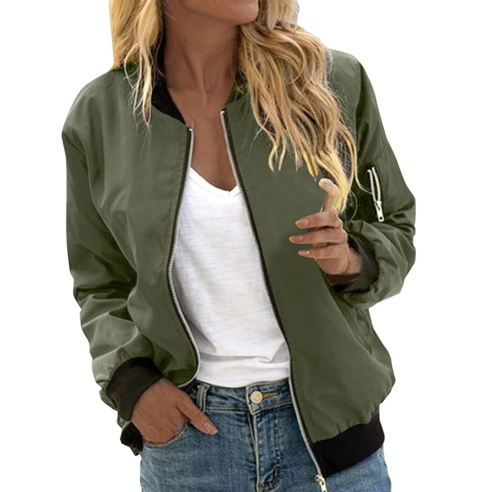 Lightweight ribbed bomber jacket in olive green with zip front and ribbed cuffs
