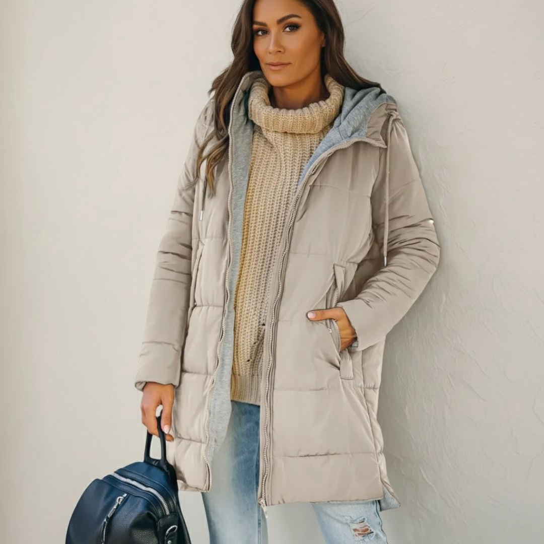Beige hooded puffer winter coat with full zip front and side pockets