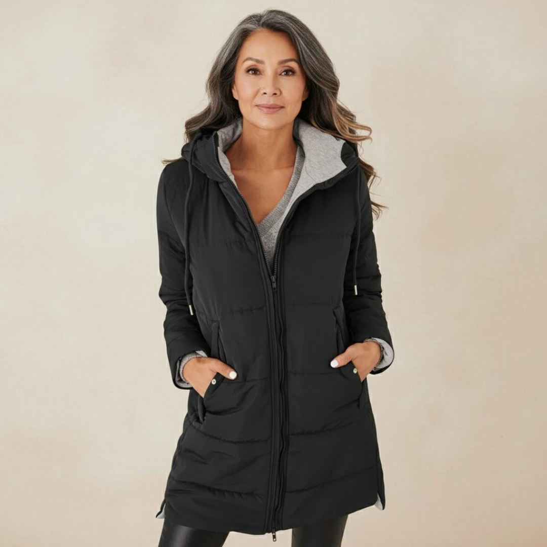 Black hooded puffer winter coat with full zip front and zip pockets
