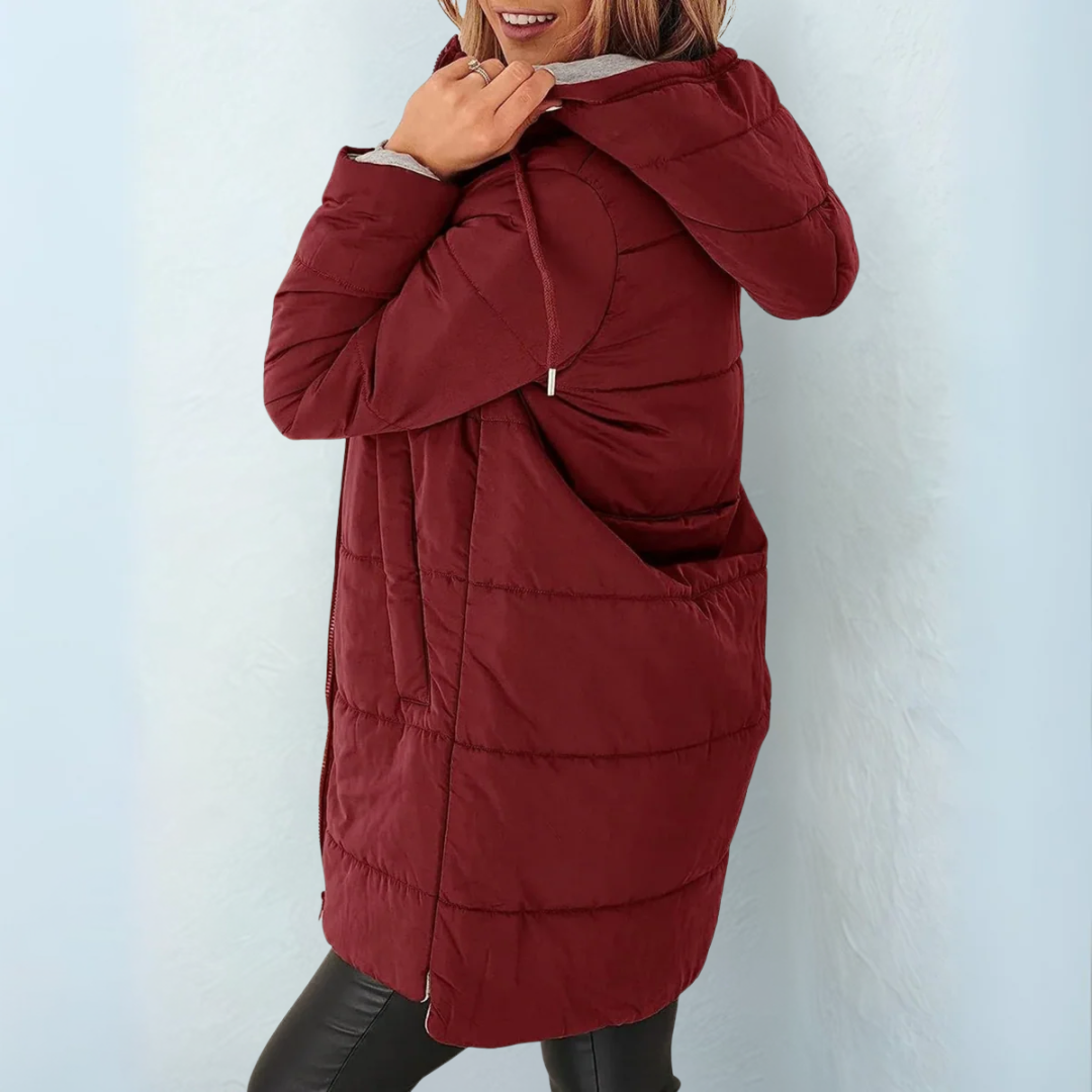Red hooded puffer winter coat with full zip front and quilted padding