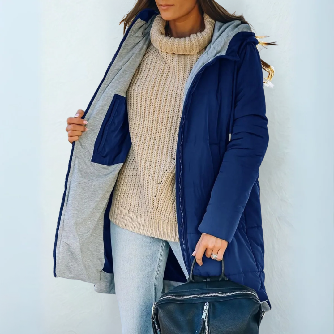 Blue hooded puffer winter coat with full zip front and long sleeves