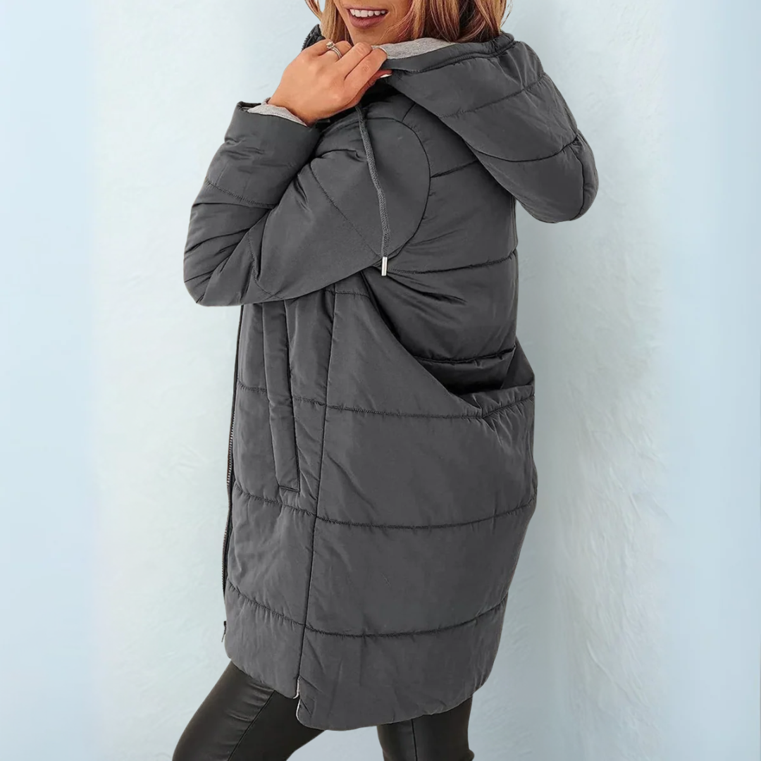 Dark gray hooded puffer winter coat with full zip front and quilted panels