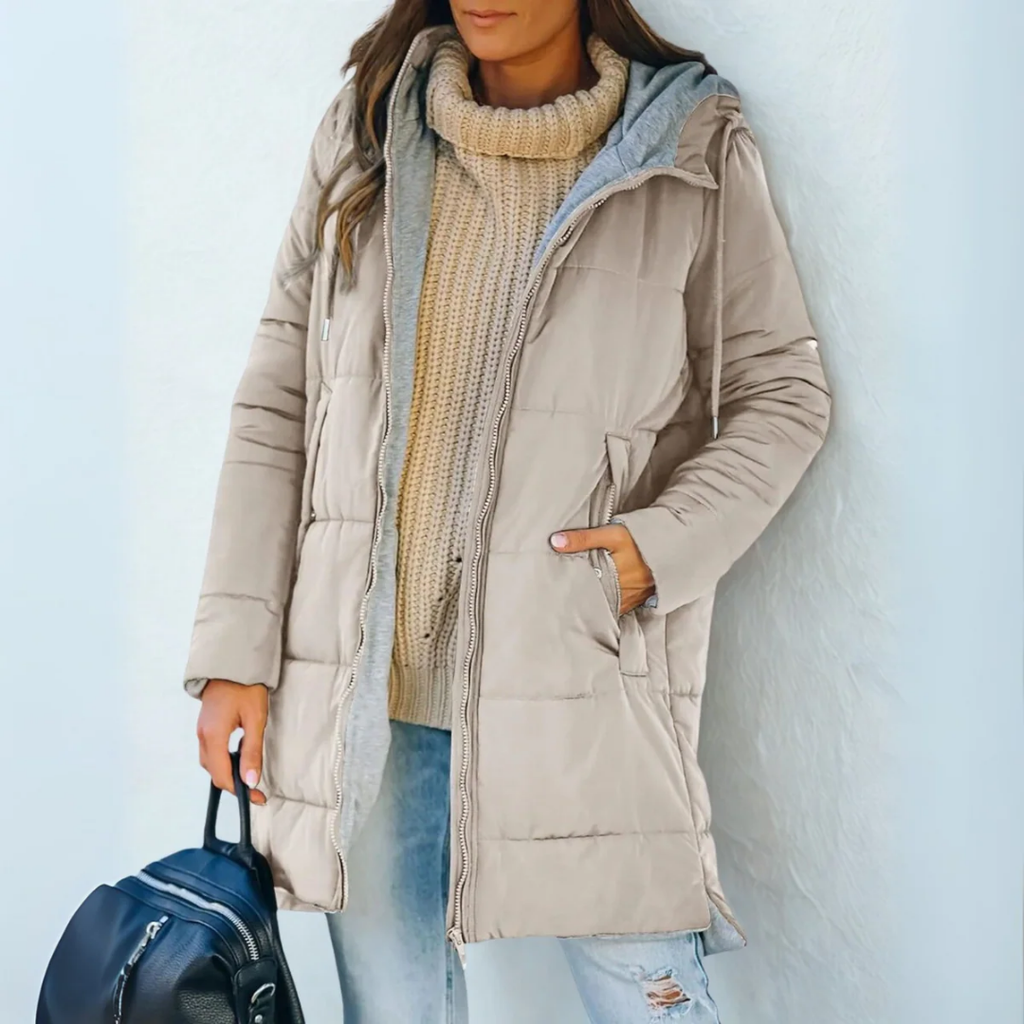 Light beige hooded puffer winter coat with full zip front and side pockets