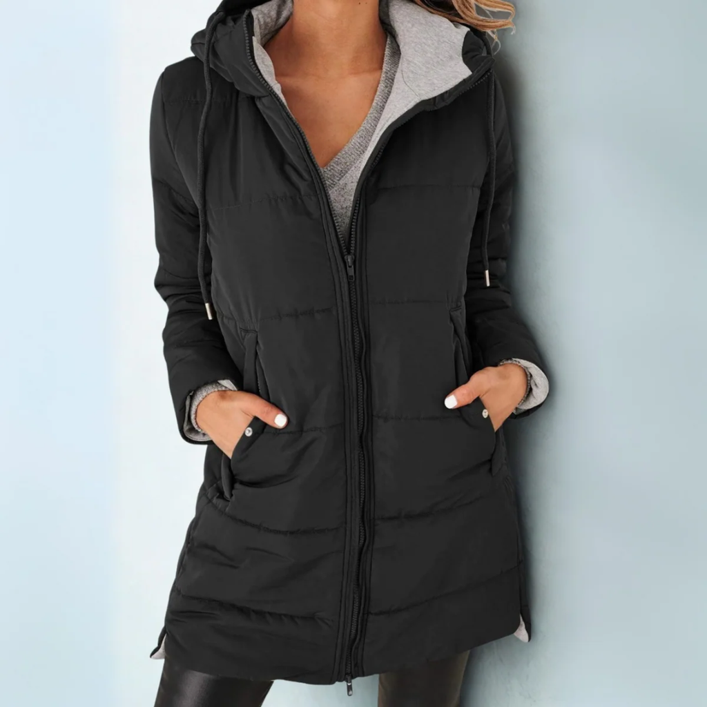Black hooded puffer winter coat with full zip front and two front pockets