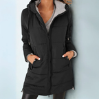 Black hooded puffer winter coat with full zip front and two front pockets