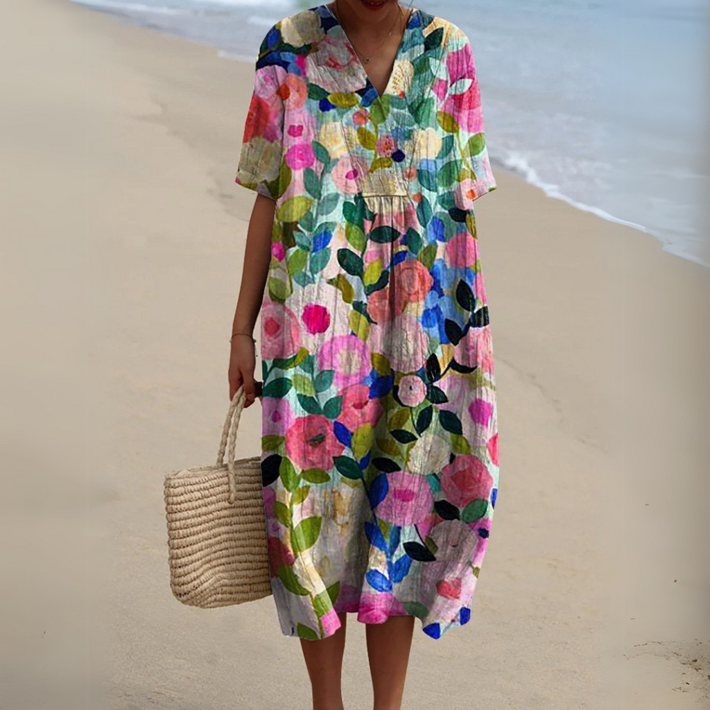 Women’s printed V-neck midi dress with adjustable waist, multicolor bold floral print