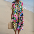 Women’s printed V-neck midi dress with adjustable waist, multicolor bold floral print