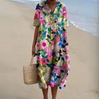 Women’s printed V-neck midi dress with adjustable waist, multicolor bold floral print