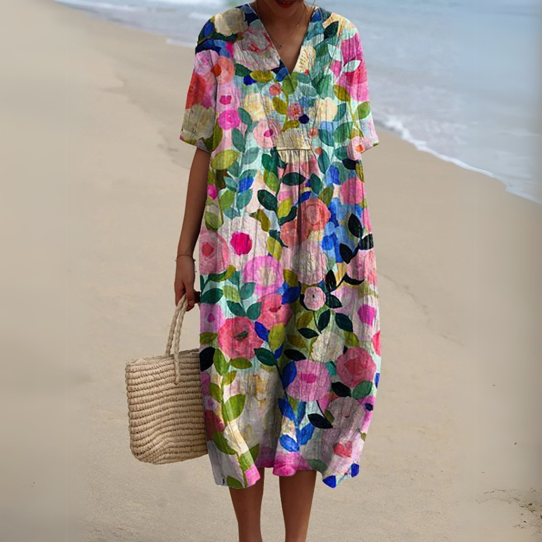Women’s printed V-neck midi dress with adjustable waist, multicolor bold floral print