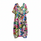 Women’s V-neck short-sleeve dress with gathered waist, multicolor floral print on cream base