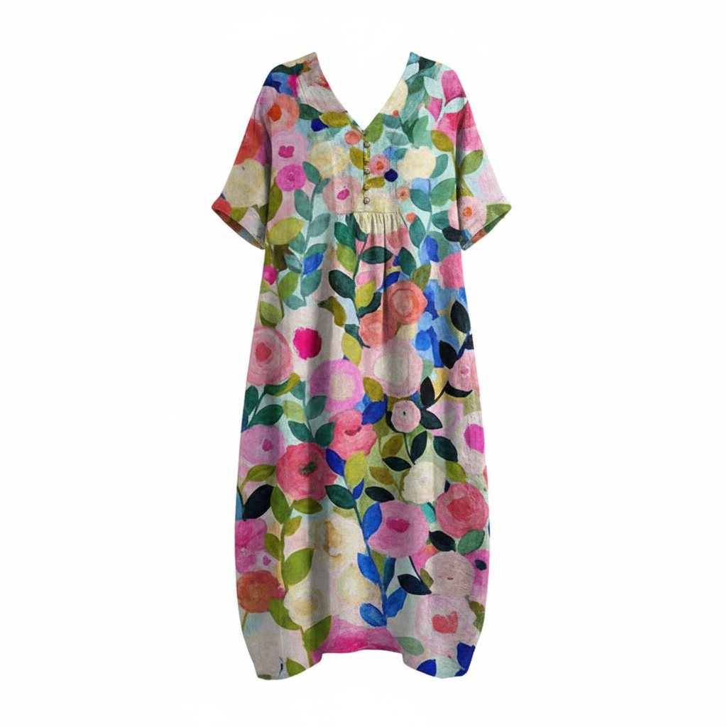 Women’s V-neck short-sleeve dress with gathered waist, multicolor floral print on cream base