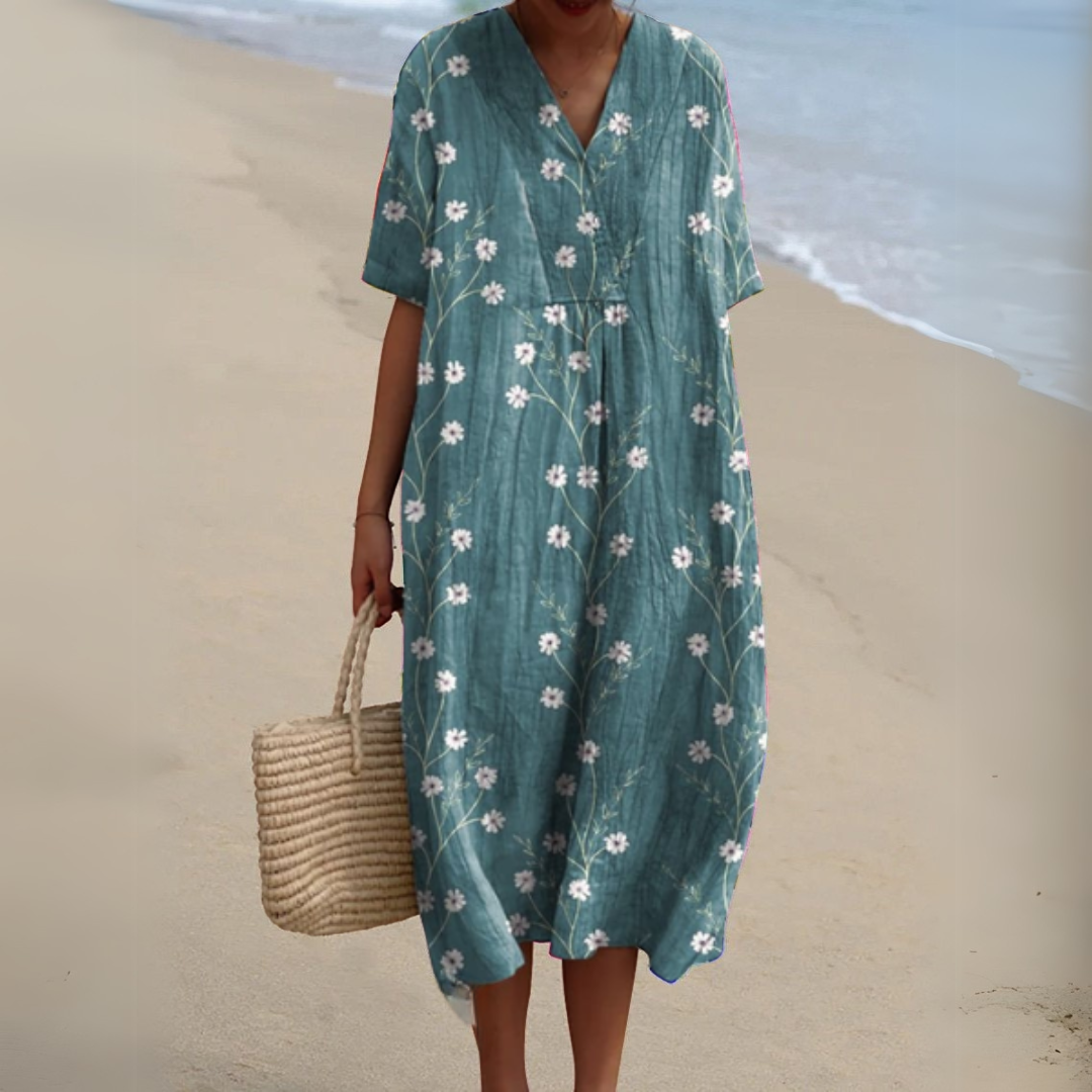Women’s printed V-neck midi dress with adjustable waist, teal with white flower sprigs