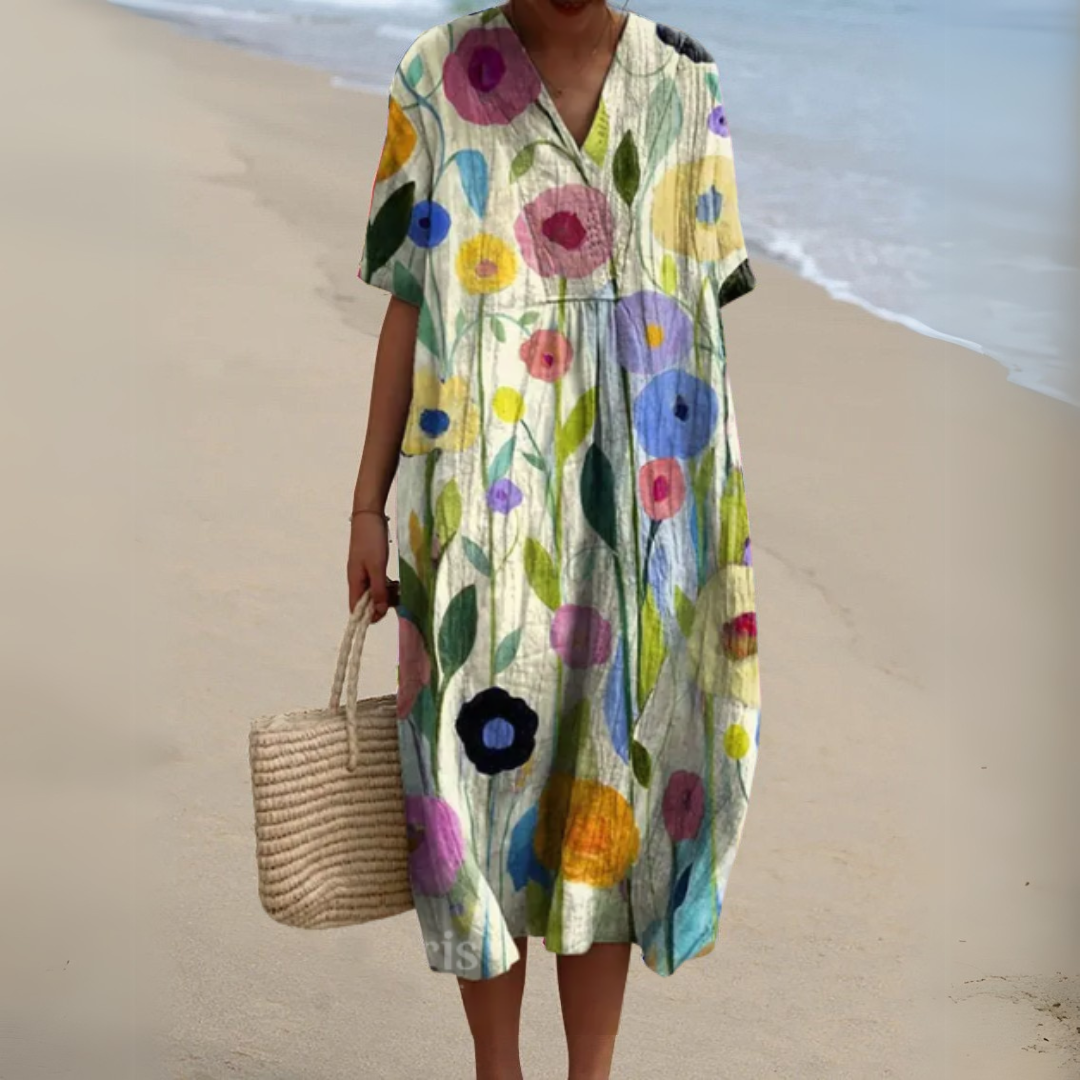 Women’s V-neck printed midi dress with short sleeves and adjustable waist, multicolor floral